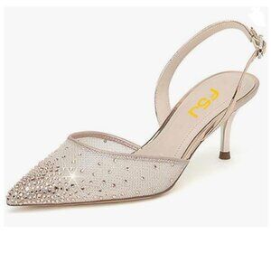 FSJ Champagne Studded Pumps Sparkle Rhinestones Low Heel Sandals Slingback Shoes
